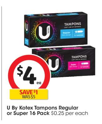 U by Kotex Tampons Regular or Super 16 Pack