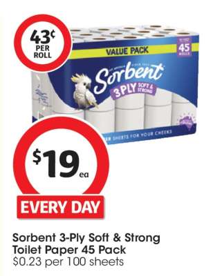 Sorbent 3-Ply Soft & Strong Toilet Paper 45 Pack