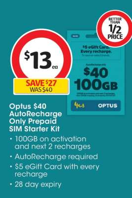 Optus $40 AutoRecharge Only Prepaid SIM Starter Kit