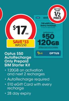 Optus $50 AutoRecharge only Prepaid SIM Starter Kit