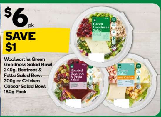 Woolworths Green Goodness Salad Bowl 240g, Beetroot & Fetta Salad Bowl 200g or Chicken Caesar Salad Bowl 180g Pack