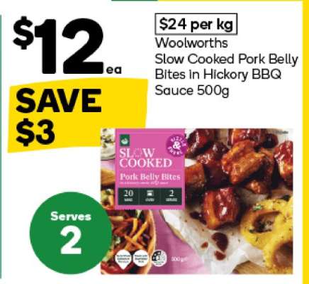 Woolworths Slow Cooked Pork Belly Bites in Hickory BBQ Sauce 500g