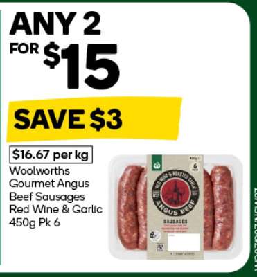Woolworths Gourmet Angus Beef Sausages Red Wine & Garlic 450g Pk 6