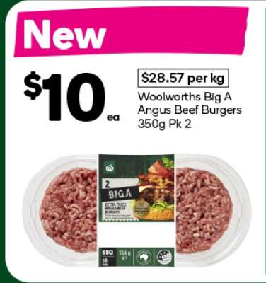 Woolworths Big A Angus Beef Burgers 350g Pk 2