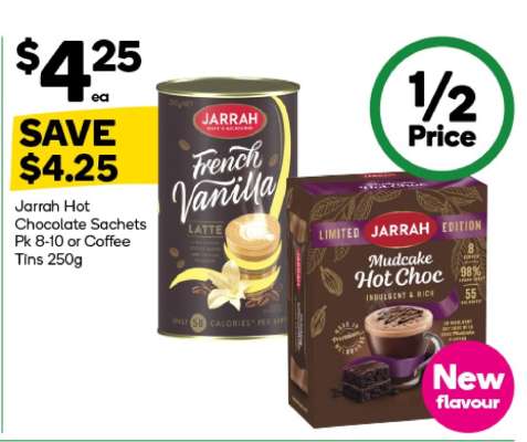Jarrah Hot Chocolate Sachets Pk 8-10 or Coffee Tins 250g