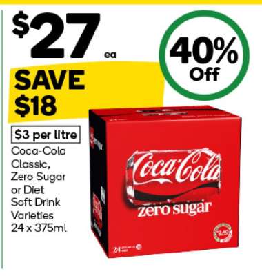 Coca-Cola Classic, Zero Sugar or Diet Soft Drink Varieties 24 x 375ml