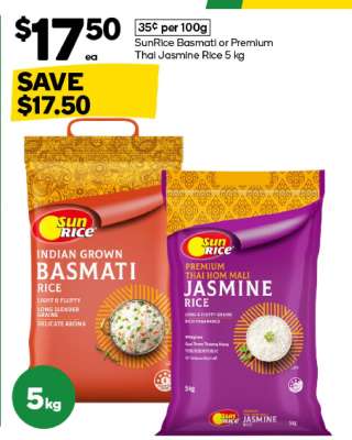 SunRice Basmati or Premium Thai Jasmine Rice 5 kg