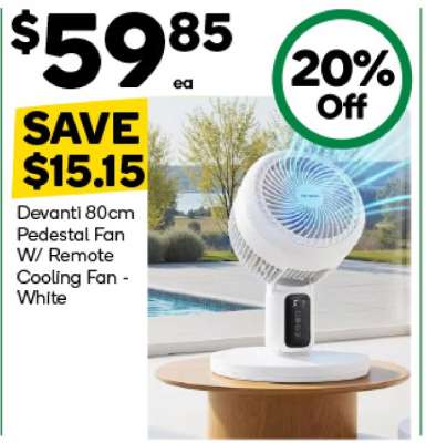 Devanti 80cm Pedestal Fan W/ Remote Cooling Fan White