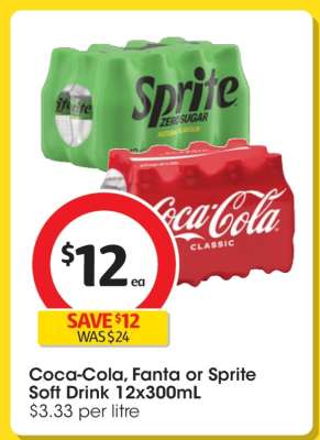 Coca-Cola, Fanta or Sprite Soft Drink 12x300mL