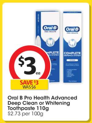 Oral B Pro Health Advanced Deep Clean or Whitening Toothpaste 110g