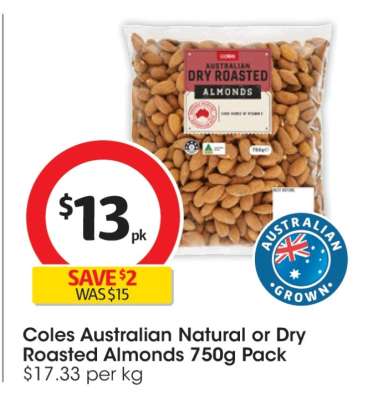 Coles Australian Natural or Dry Roasted Almonds 750g Pack