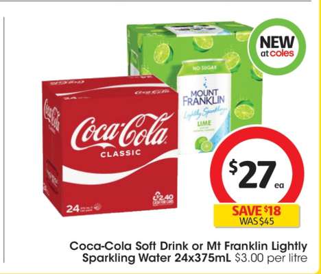 Coca-Cola Soft Drink or Mt Franklin Lightly Sparkling Water 24x375mL
