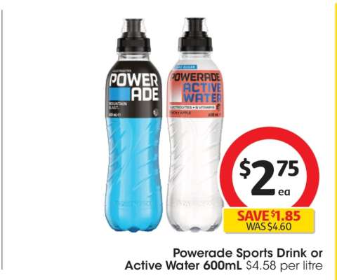 Powerade Sports Drink or Active Water 600mL