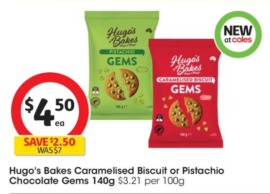 Hugo's Bakes Caramelised Biscuit or Pistachio Chocolate Gems 140g