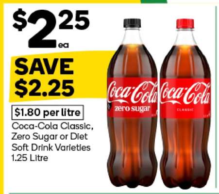 Coca-Cola Classic, Zero Sugar or Diet Soft Drink Varieties 1.25 Litre