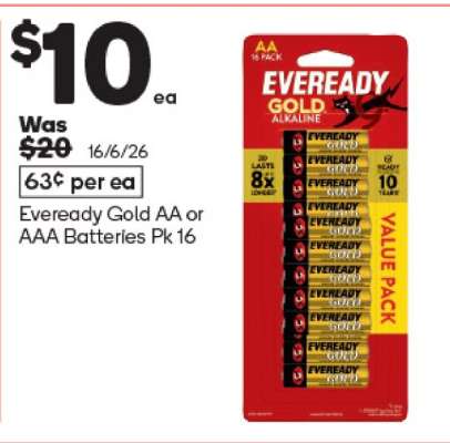 Eveready Gold AA or AAA Batteries Pk 16