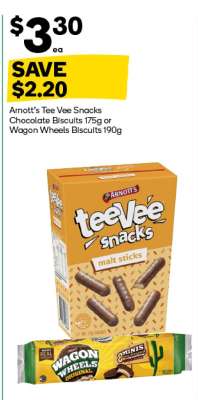 Arnott's Tee Vee Snacks Chocolate Biscuits 175g or Wagon Wheels Biscuits 190g