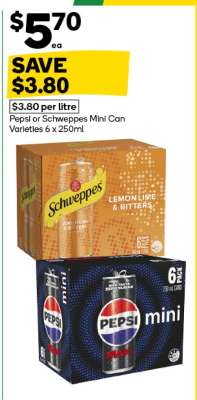 Pepsi or Schweppes Mini Can Varieties 6 x 250ml