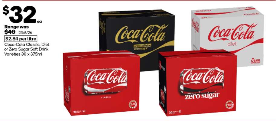 Coca-Cola Classic, Diet or Zero Sugar Soft Drink Varieties 30 x 375ml