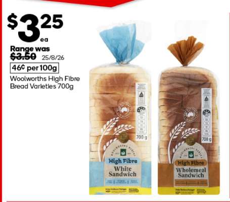 Woolworths High Fibre Bread Varieties 700g