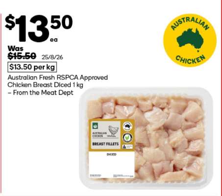 Australian Fresh RSPCA Approved Chicken Breast Diced 1 kg