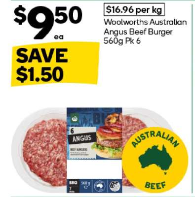 Woolworths Australian Angus Beef Burger 560g Pk 6