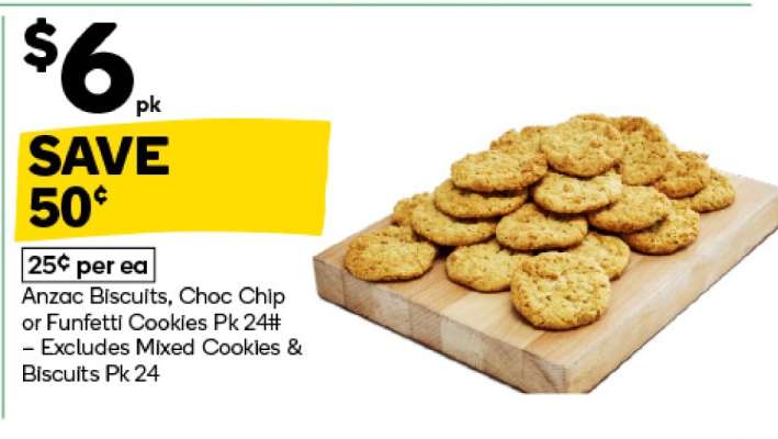 Anzac Biscuits, Choc Chip or Funfetti Cookies Pk 24#