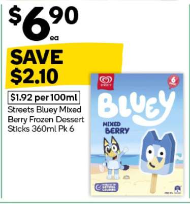 Streets Bluey Mixed Berry Frozen Dessert Sticks 360ml Pk 6