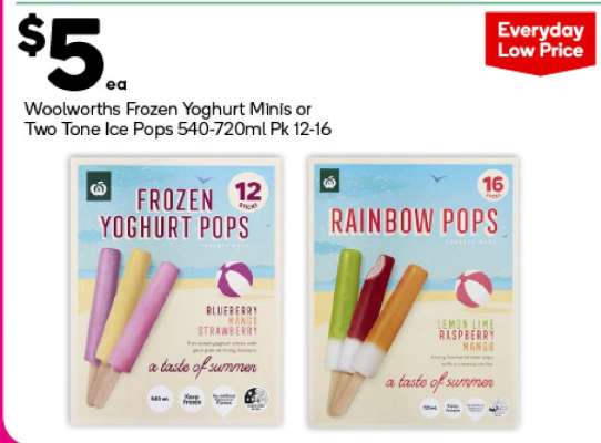 Woolworths Frozen Yoghurt Minis or Two Tone Ice Pops 540-720ml Pk 12-16