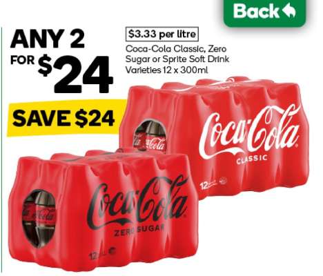 Coca-Cola Classic, Zero Sugar or Sprite Soft Drink Varieties 12 x 300ml