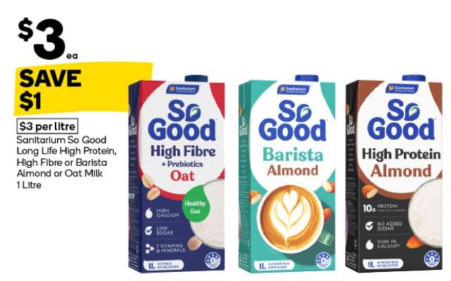 Sanitarium So Good Long Life High Protein, High Fibre or Barista Almond or Oat Milk 1 Litre