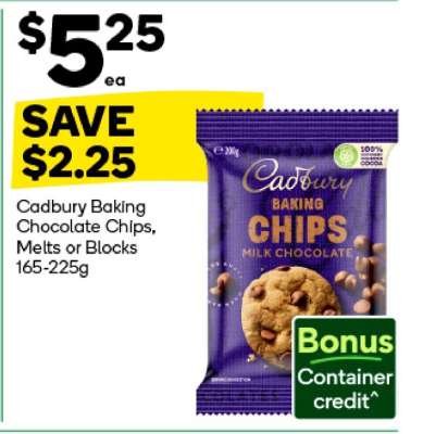 Cadbury Baking Chocolate Chips, Melts or Blocks 165-225g